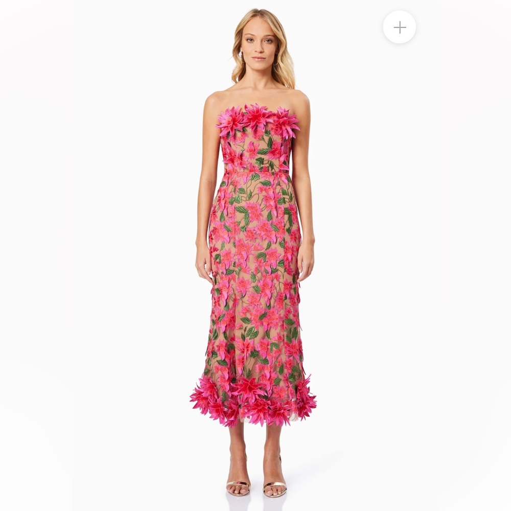 Elliatt Strapless Pink Floral Midi Dress with Green Leaf Accents